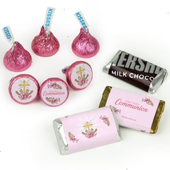 Girl 1st Holy Communion Candy Party Favors (Approx. 85 Pcs Milk Chocolate Hershey's Kisses & 34 Pcs Wrapped Miniatures) - Pink