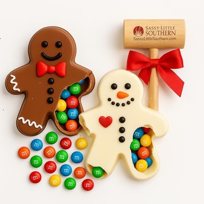Sassy Little Southern Breakable Gingerbread Duo  - Chocolate Filled with M&M’s + Wooden Mallet