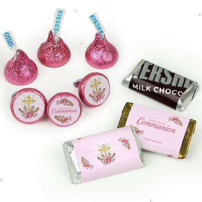 Girl 1st Holy Communion Candy Party Favors (Approx. 85 Pcs Milk Chocolate Hershey's Kisses & 34 Pcs Wrapped Miniatures) - Pink
